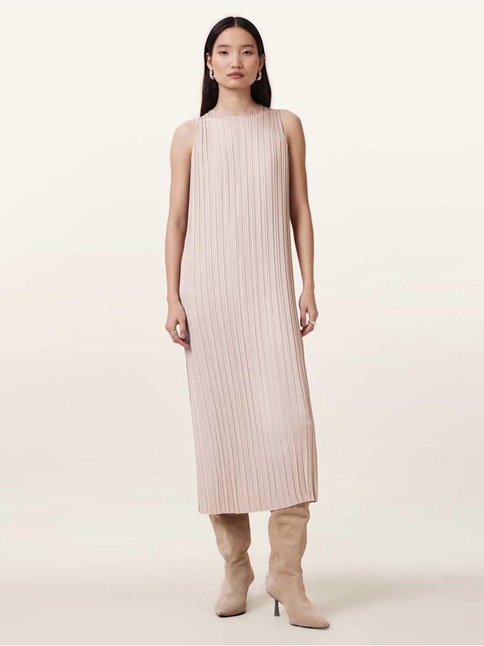 AllSaints Vittoria Pleated Midi Dress Fawn Brown Sz M MSRP $399 NWT